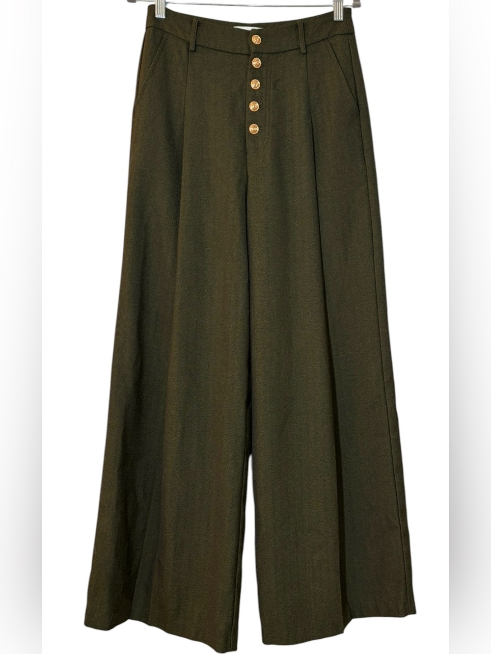 Commense High-Waisted Button-Front Wide-Leg Pants Dark Olive Green Size S Preppy - Picture 2 of 10